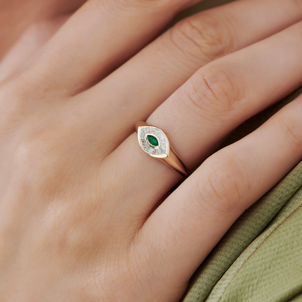 OBFJ1552 - 14k Marquise Shaped Emerald and Baguette Diamond Ring 2