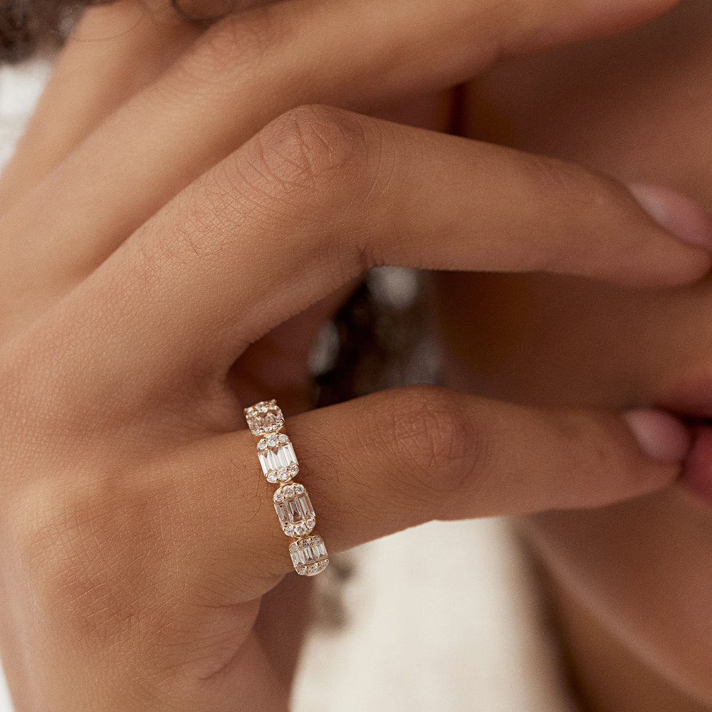 OBFJ1507 - Baguette and Round Diamond Anniversary Ring ring in selectable metal and diamond options - Roselle Jewelry view 2