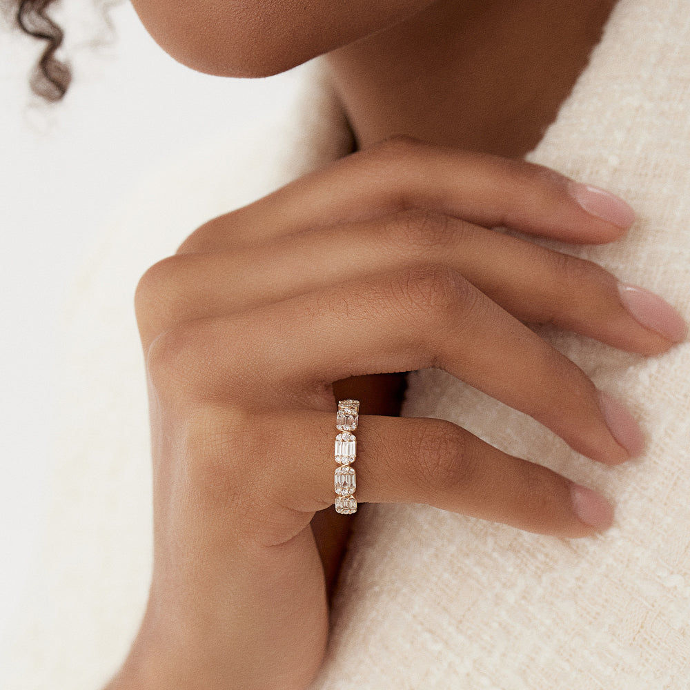 OBFJ1507 - Baguette and Round Diamond Anniversary Ring ring in selectable metal and diamond options - Roselle Jewelry view 4