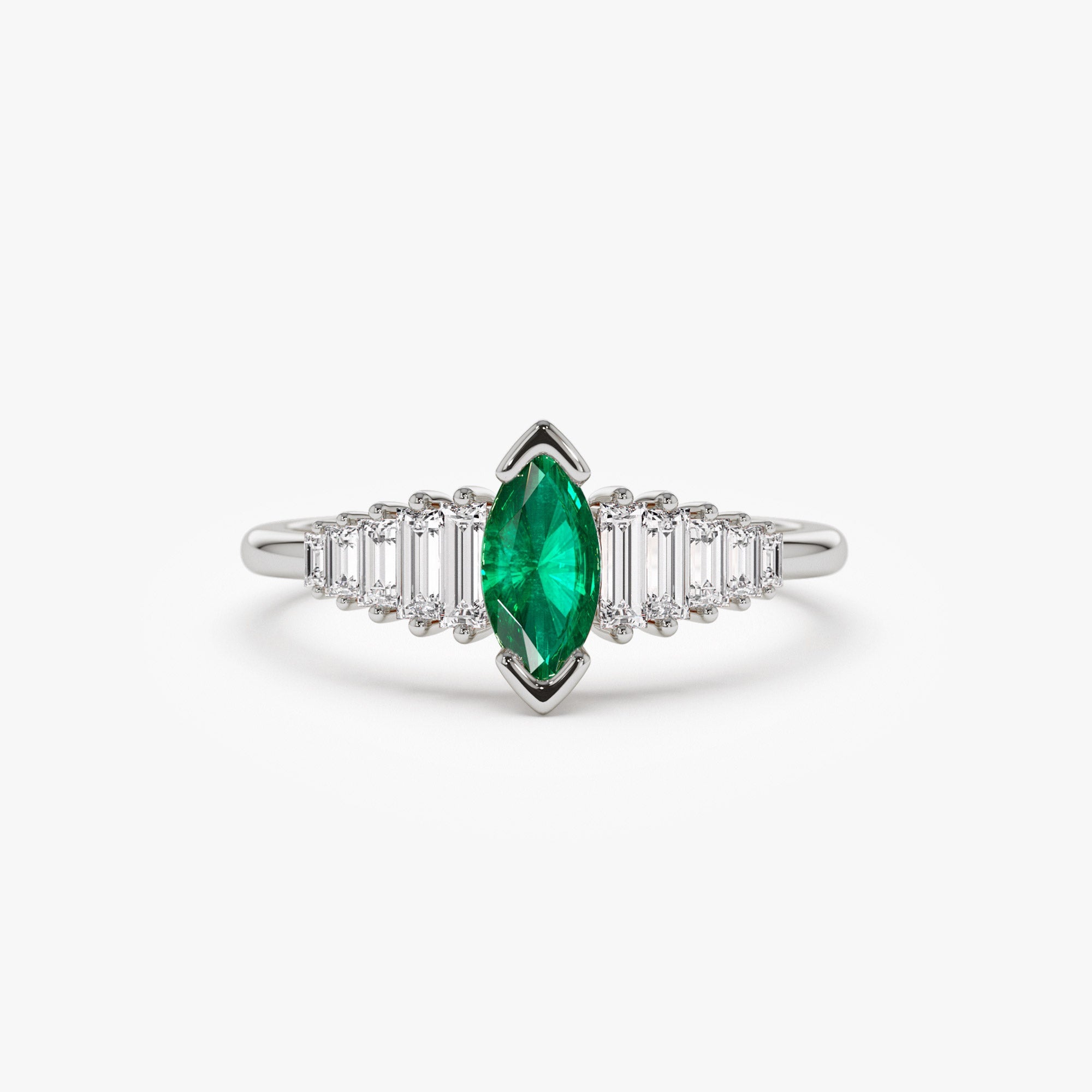 OBFJ1214 - 14k Gold Marquise Shape Emerald  Ring with Baguette Accents 6