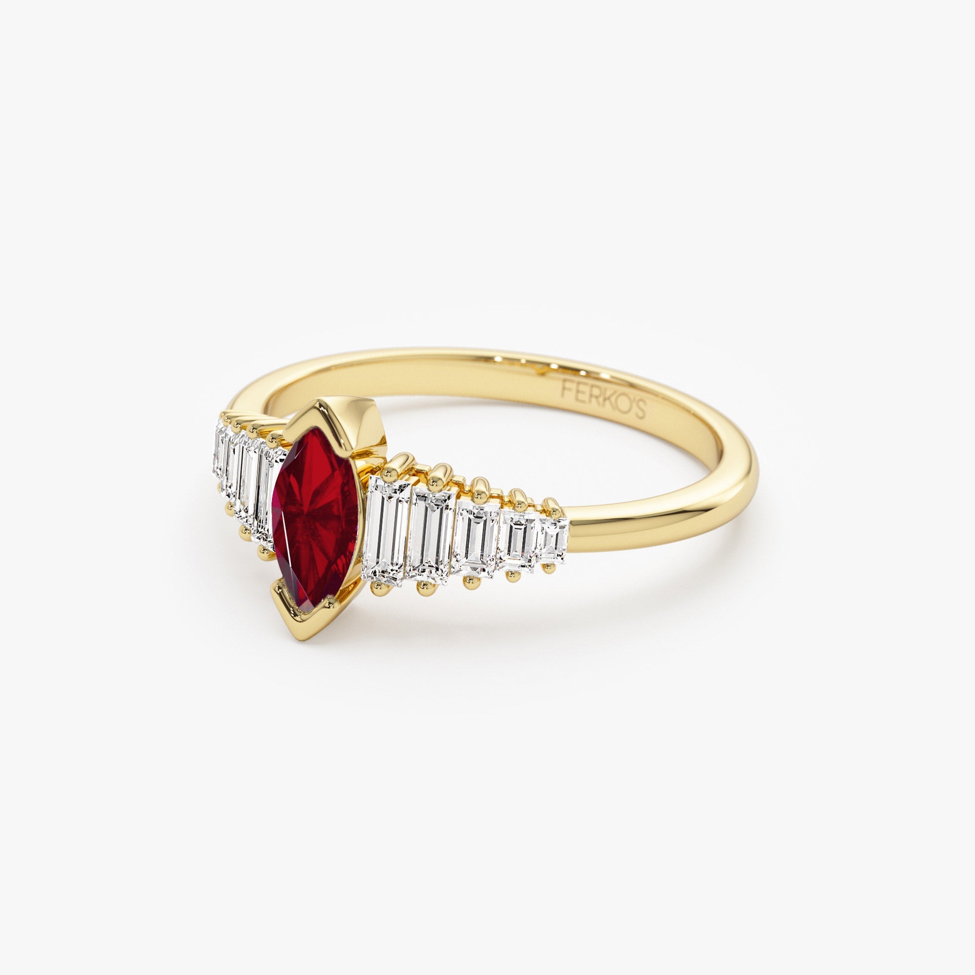 OBFJ1213 - 14k Gold Marquise Shape Ruby  Ring with Baguette Accents 7