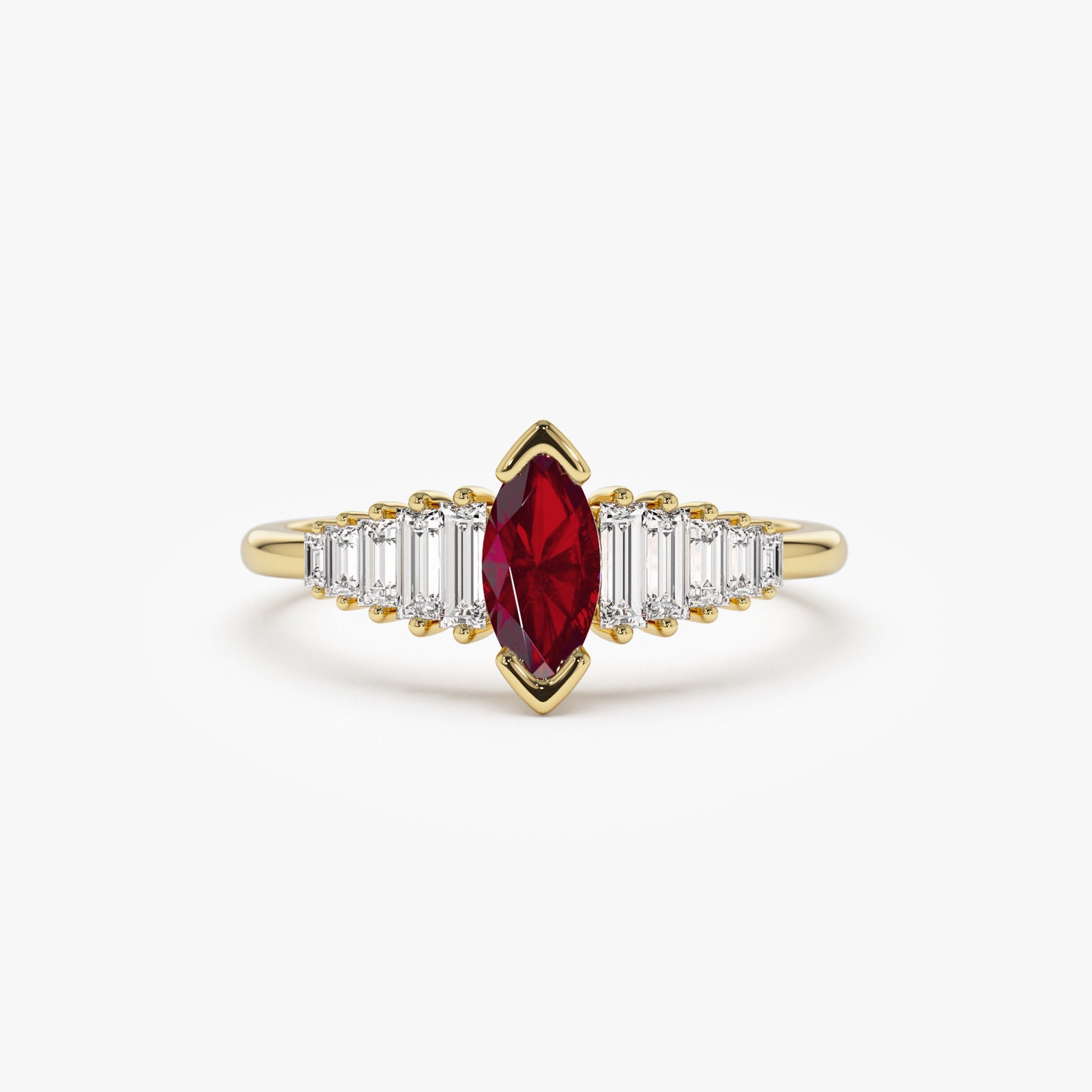 OBFJ1213 - 14k Gold Marquise Shape Ruby  Ring with Baguette Accents 1