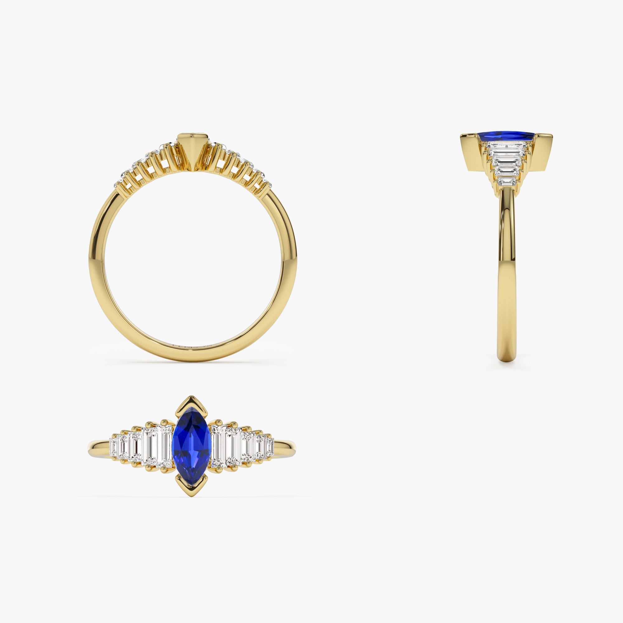 OBFJ1212 - 14k Gold Marquise Shape Sapphire  Ring with Baguette Accents 7