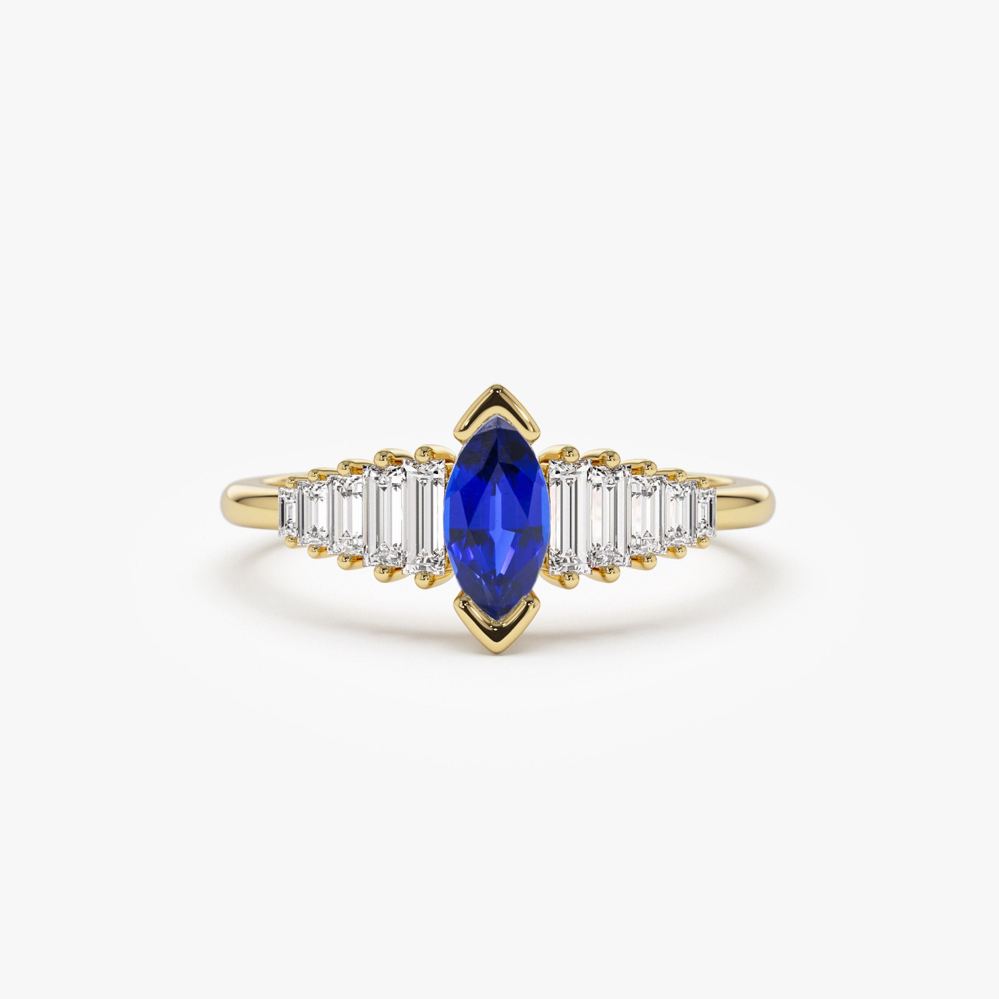 OBFJ1212 - 14k Gold Marquise Shape Sapphire  Ring with Baguette Accents 1