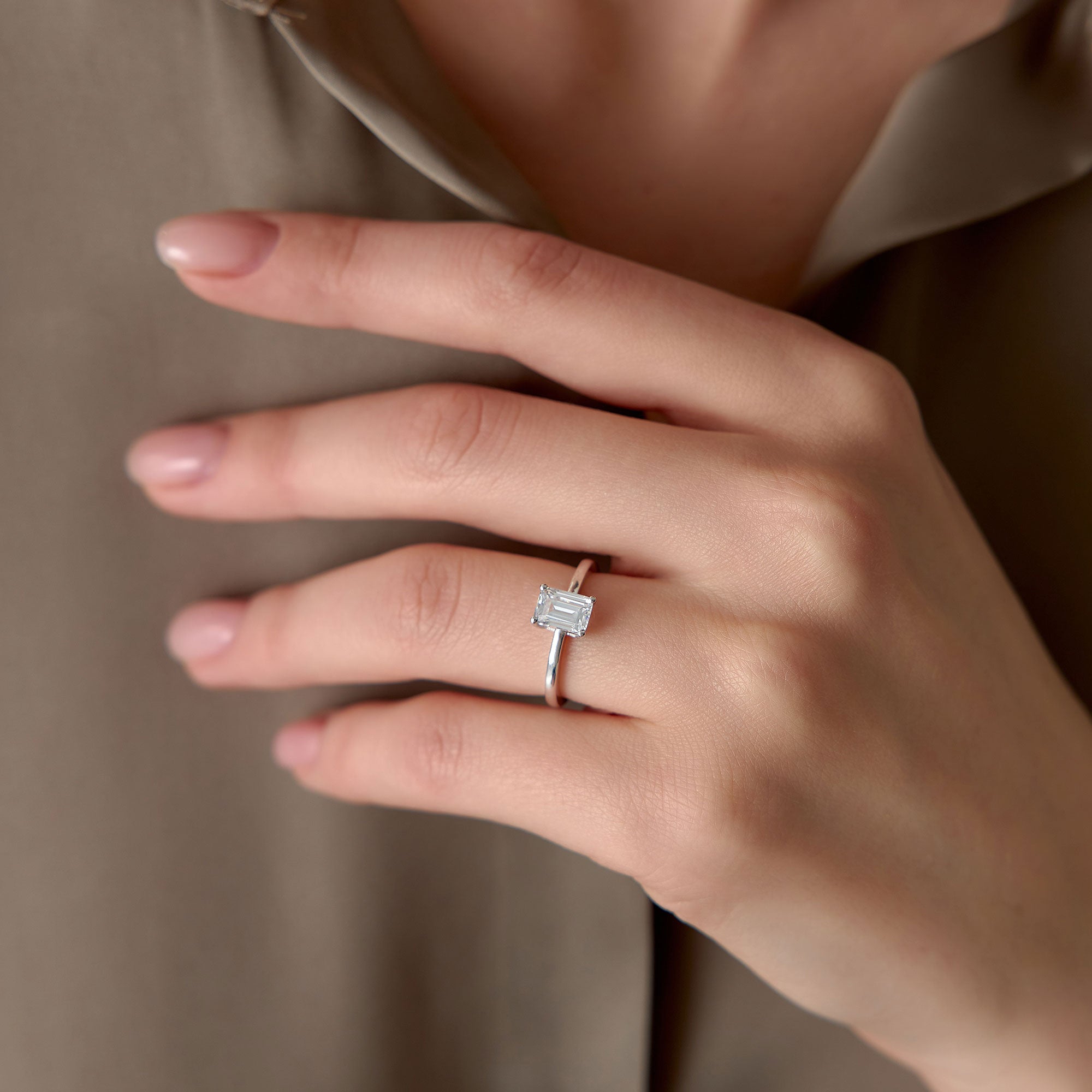 OBFJ1386 - 0.75 - 1.50 ctw Four Prong Setting Emerald Cut Lab Grown Diamond Engagement Ring - Esther ring in selectable metal and diamond options - Roselle Jewelry view 3