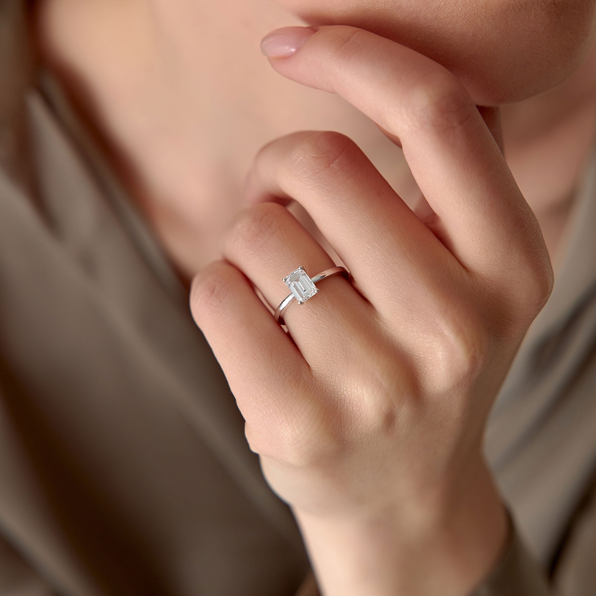 OBFJ1386 - 0.75 - 1.50 ctw Four Prong Setting Emerald Cut Lab Grown Diamond Engagement Ring - Esther ring in selectable metal and diamond options - Roselle Jewelry view 2