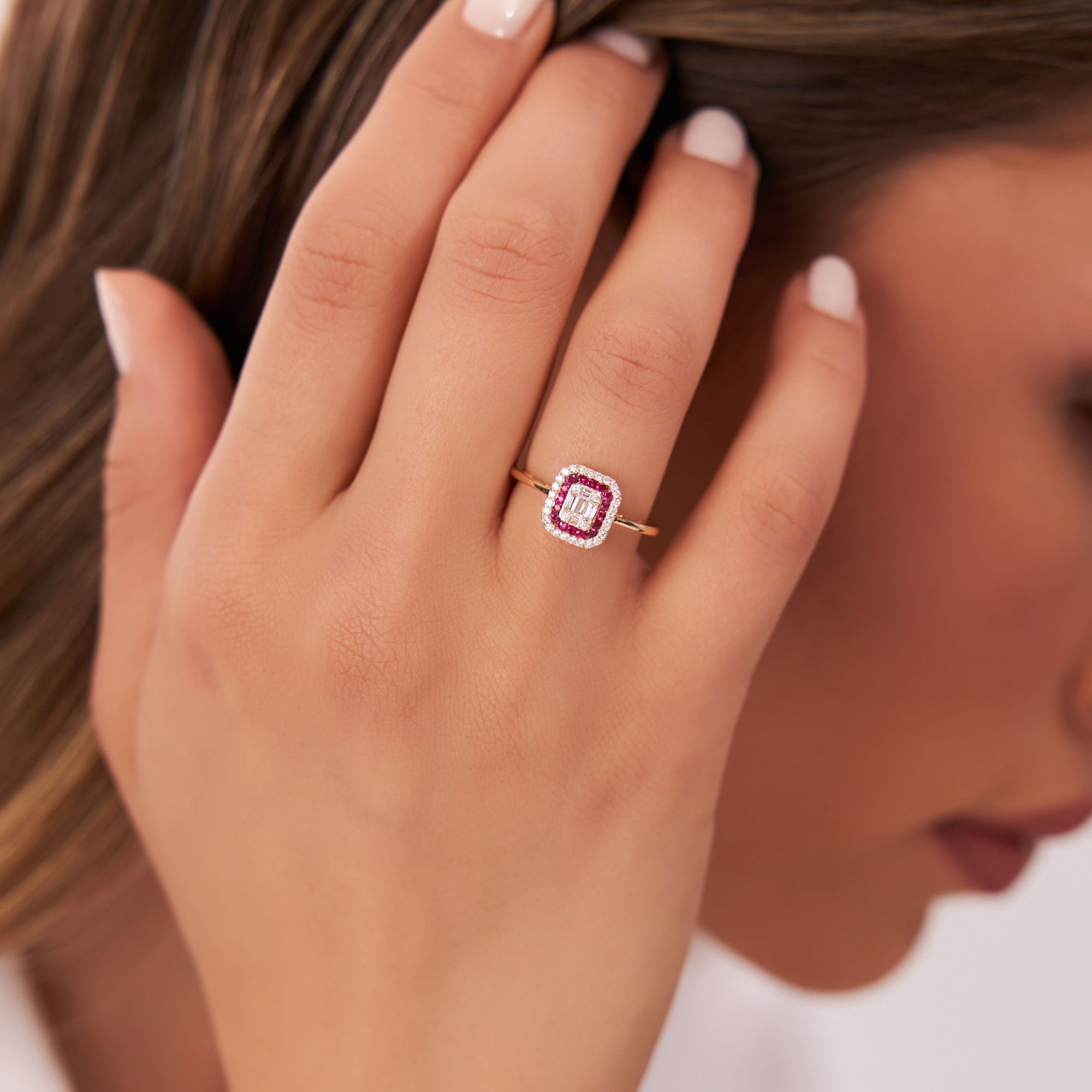 OBFJ1100 - 14k Baguette and Round Ruby Ring with Halo Setting 3