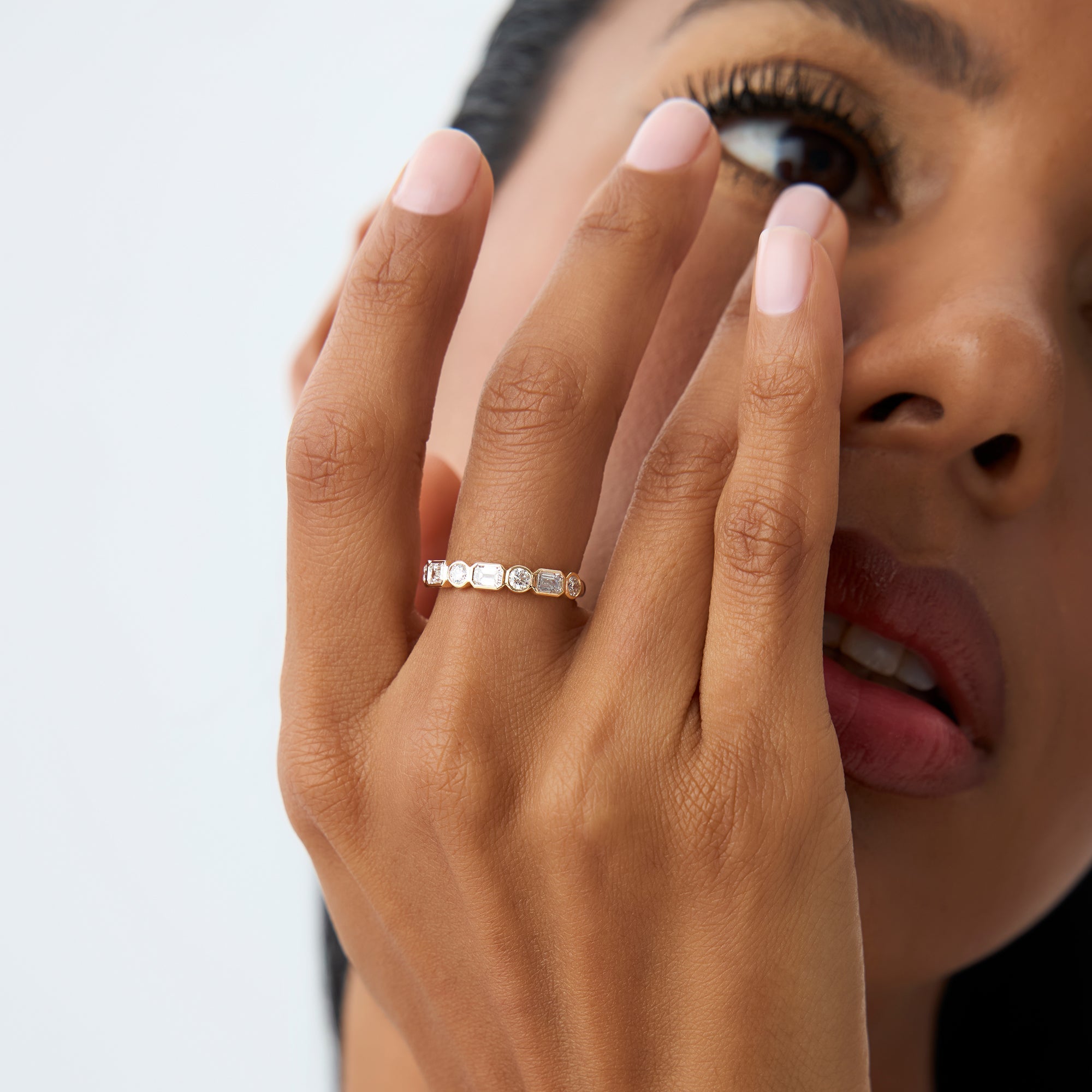 OBFJ0981 - 0.95 ctw 14k Bezel Setting Emerald Cut & Round Lab Grown Diamond Wedding Ring - Sarah 2