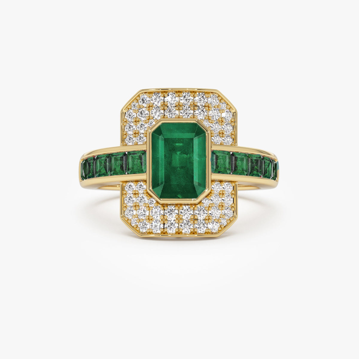 OBFJ0914 - Unique Emerald and Diamond Art Deco Ring ring in selectable metal and diamond options - Roselle Jewelry view 1