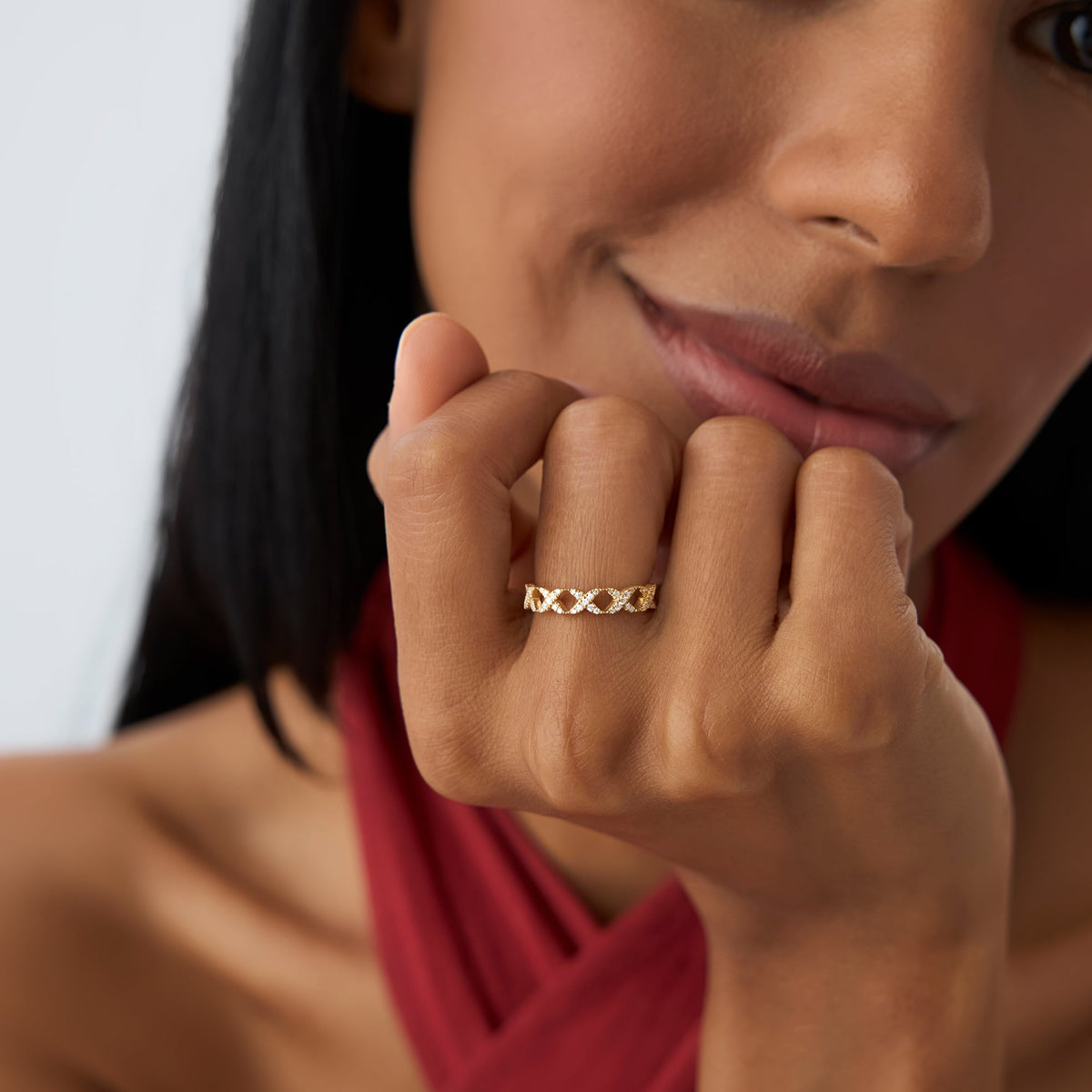 OBFJ1006 - Pave Setting Round Diamond X Ring ring in selectable metal and diamond options - Roselle Jewelry view 2