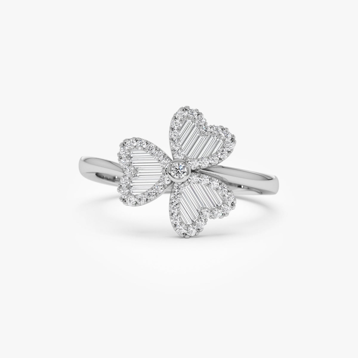 OBFJ0907 - Baguette & Round Diamond Flower Ring ring in selectable metal and diamond options - Roselle Jewelry view 7