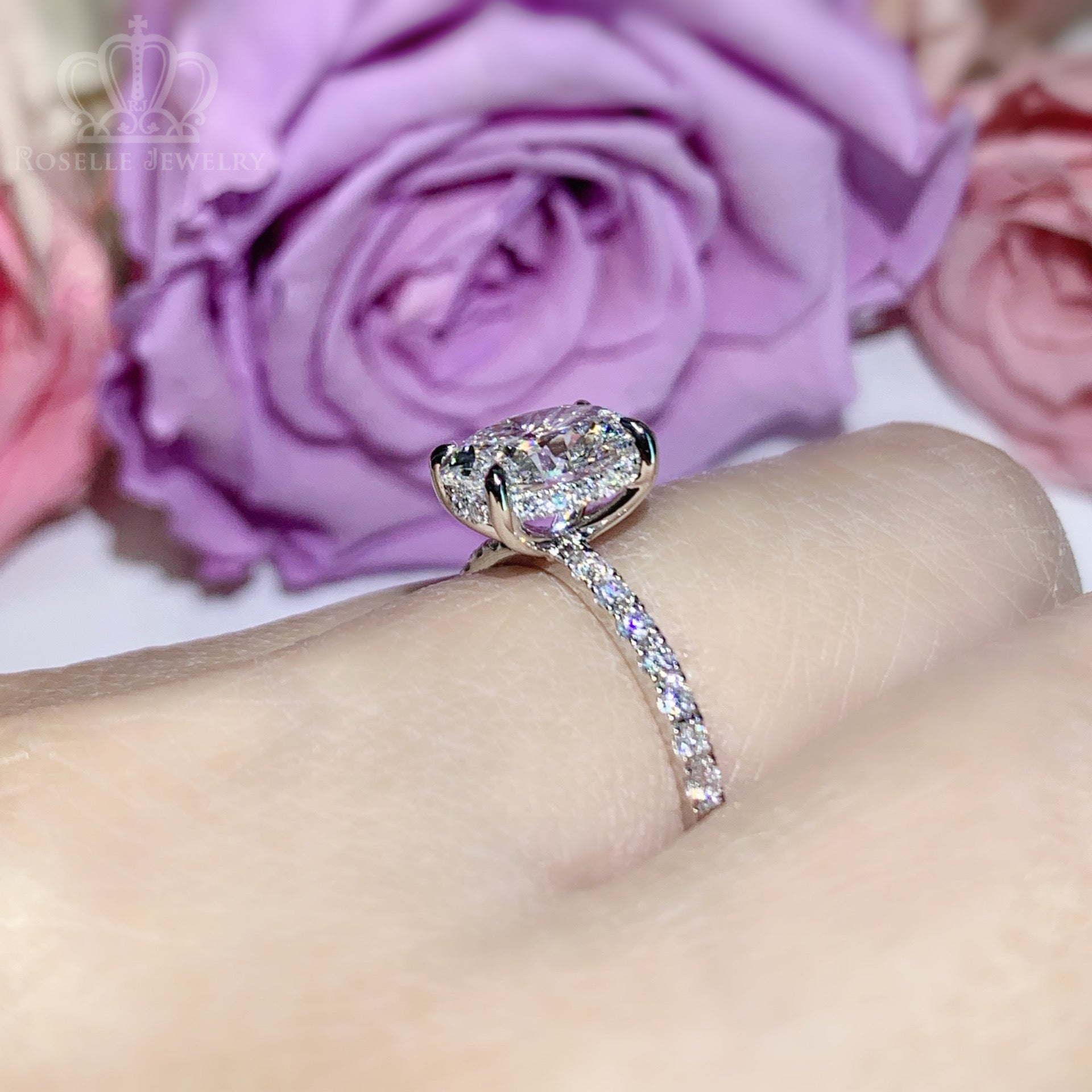 LGR086 - [Setting Only] Hidden Halo Diamond Side Stone Engagement Ring