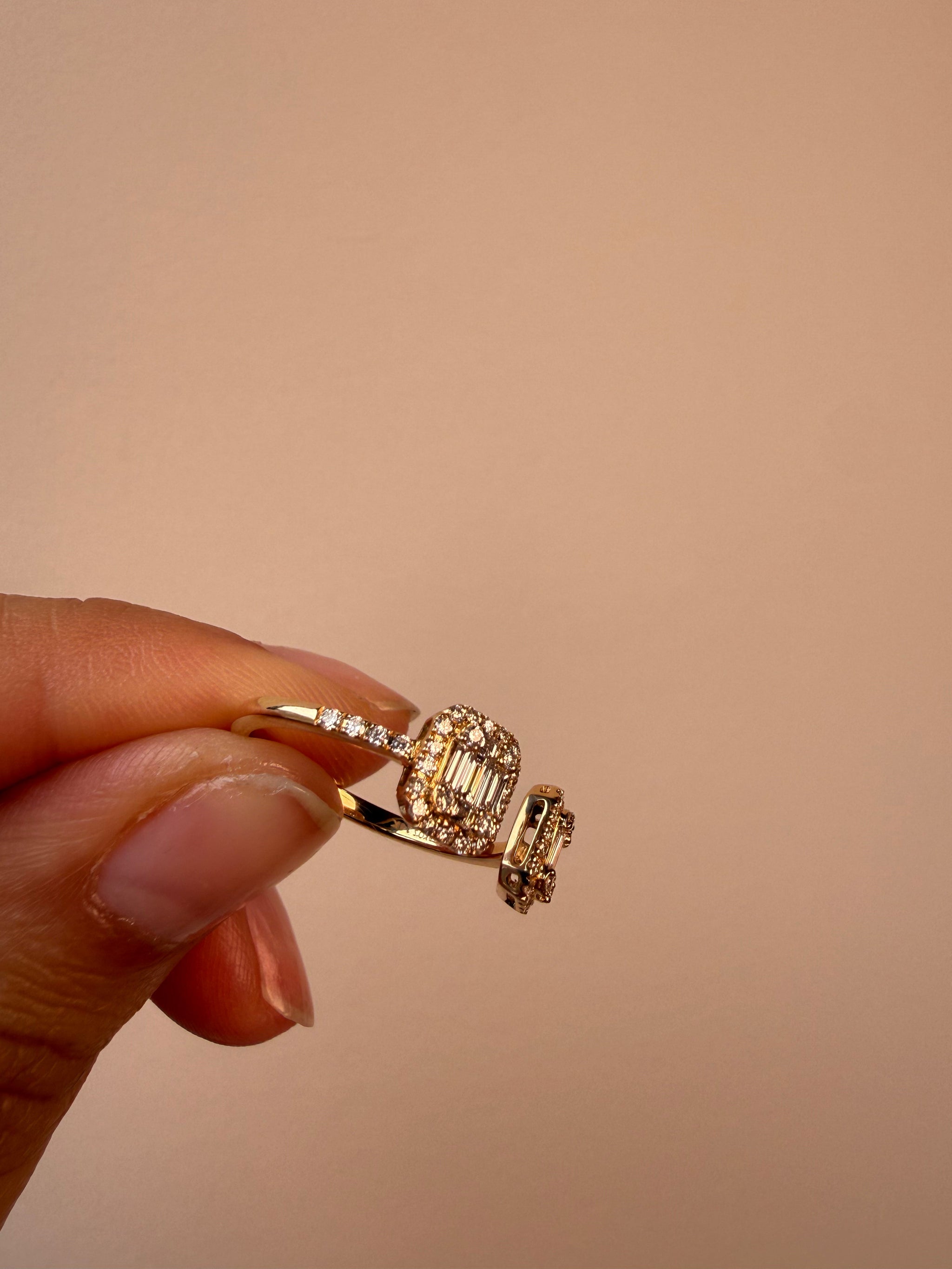 OBFJ0064 - 14k Gold Double baguette Halo Cluster Open Cuff Ring 4