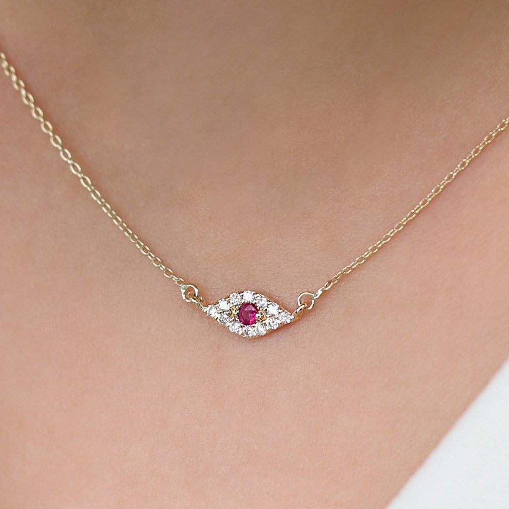 OBFJ1857 - Diamond and Ruby Evil Eye Necklace necklace in selectable metal and diamond options - Roselle Jewelry view 3