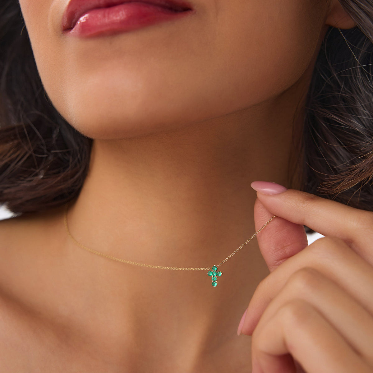 OBFJ0984 - Tiny Emerald Cross Necklace necklace in selectable metal and diamond options - Roselle Jewelry view 2