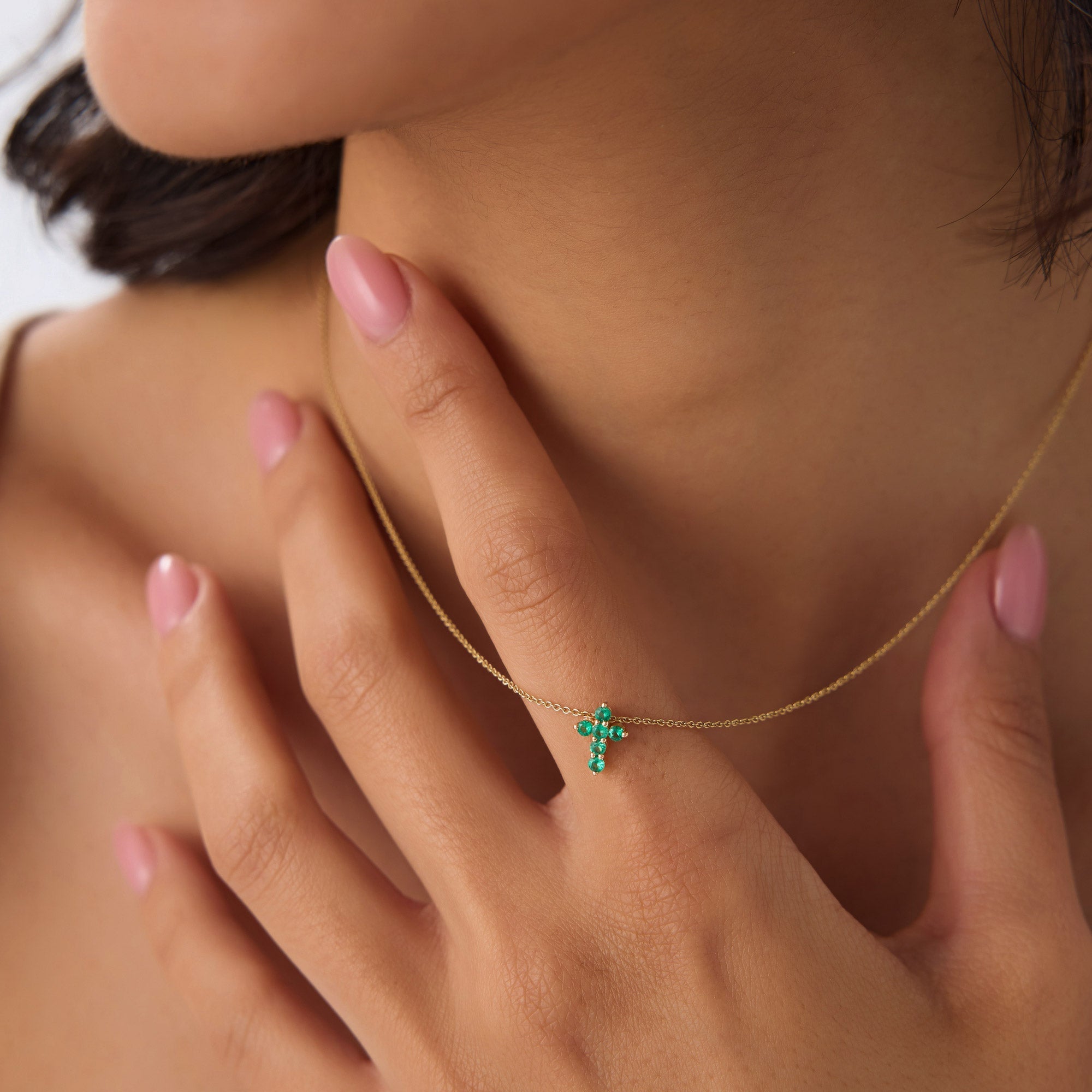 OBFJ0984 - Tiny Emerald Cross Necklace necklace in selectable metal and diamond options - Roselle Jewelry view 4