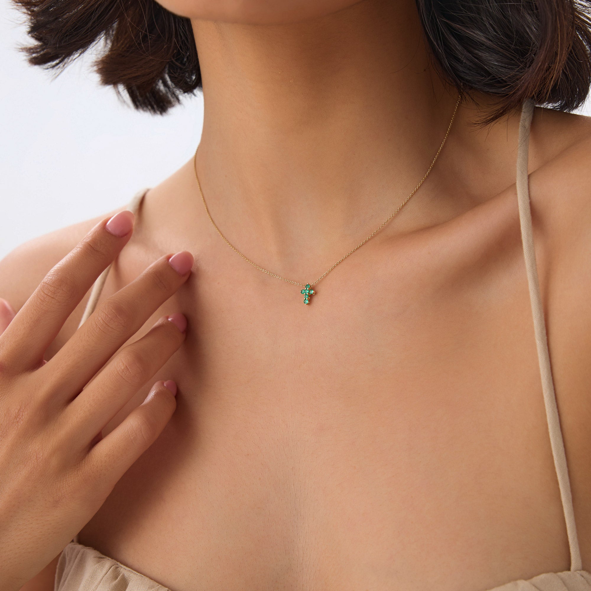 OBFJ0984 - Tiny Emerald Cross Necklace necklace in selectable metal and diamond options - Roselle Jewelry view 3