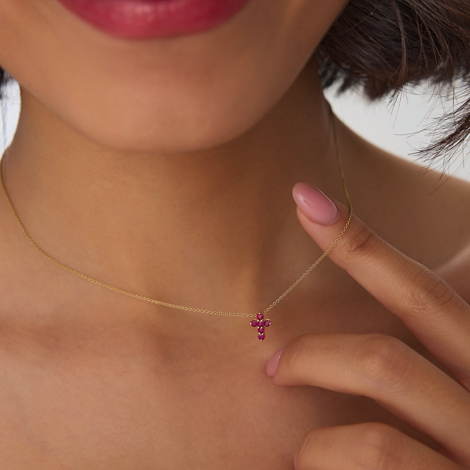 OBFJ0983 - 14K Tiny Ruby Cross Necklace 2