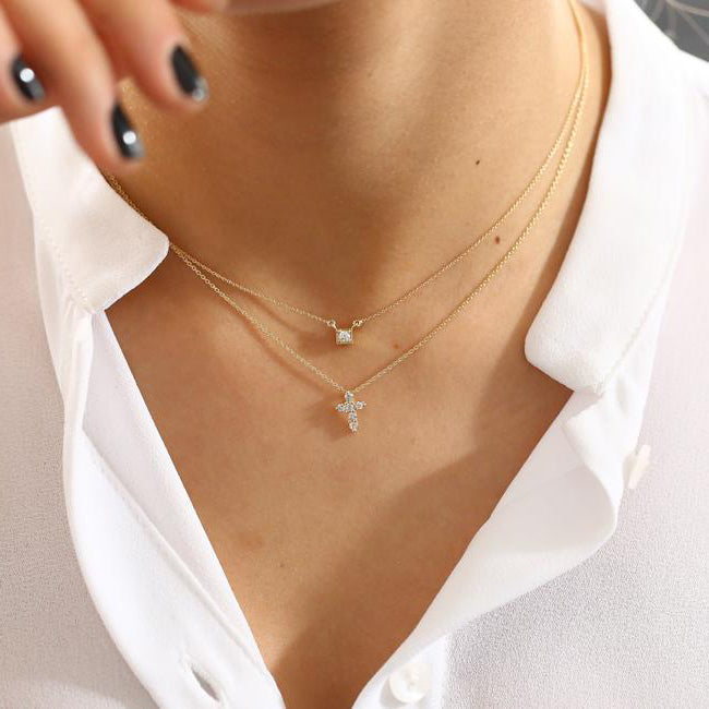 OBFJ1563 - Tiny Diamond Cross Necklace necklace in selectable metal and diamond options - Roselle Jewelry view 3