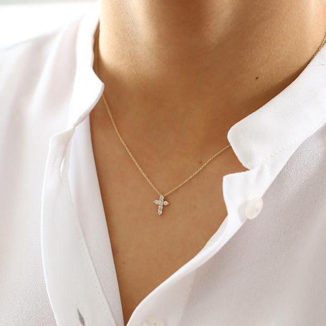OBFJ1563 - Tiny Diamond Cross Necklace necklace in selectable metal and diamond options - Roselle Jewelry view 2