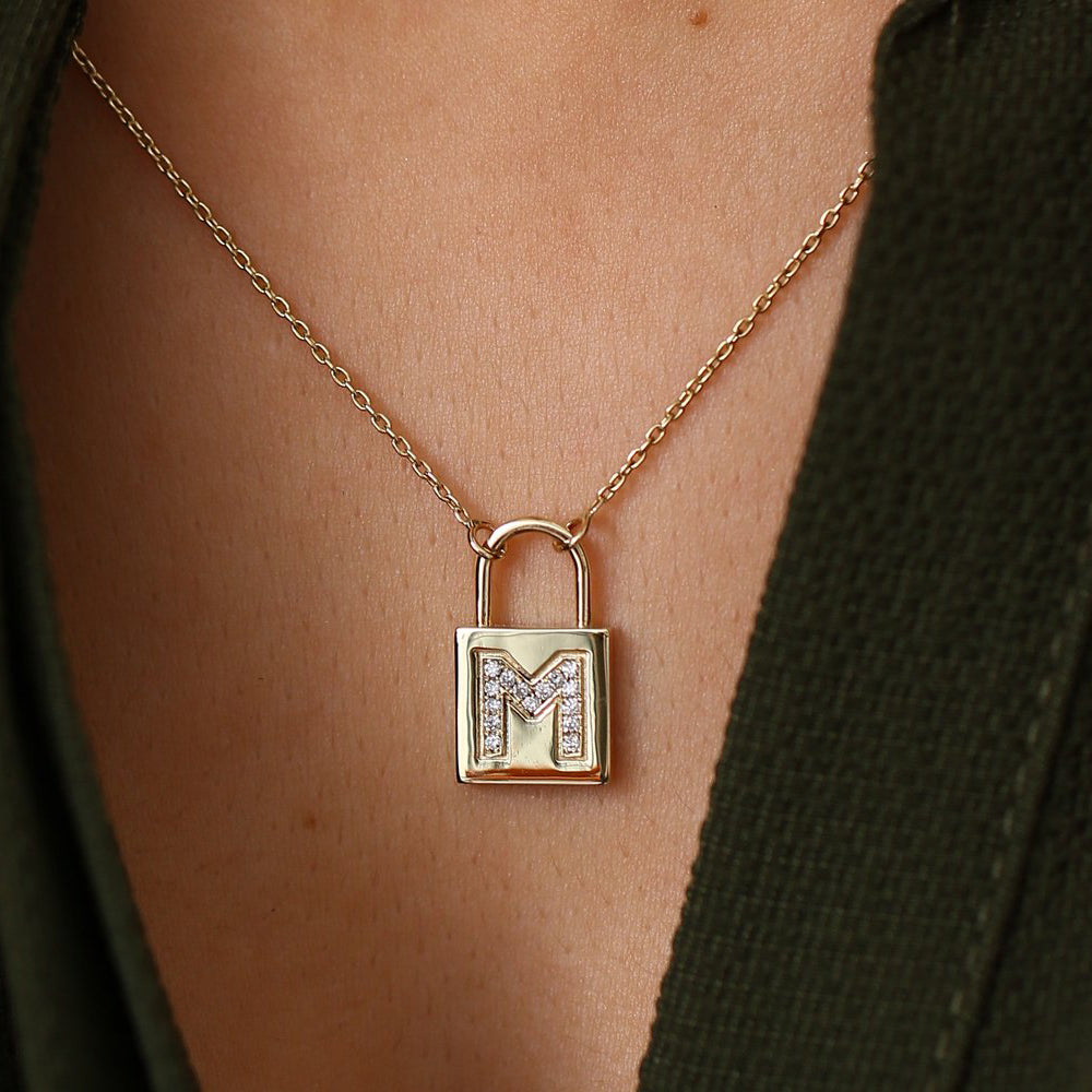 OBFJ1650 - Padlock Initial Necklace necklace in selectable metal and diamond options - Roselle Jewelry view 2