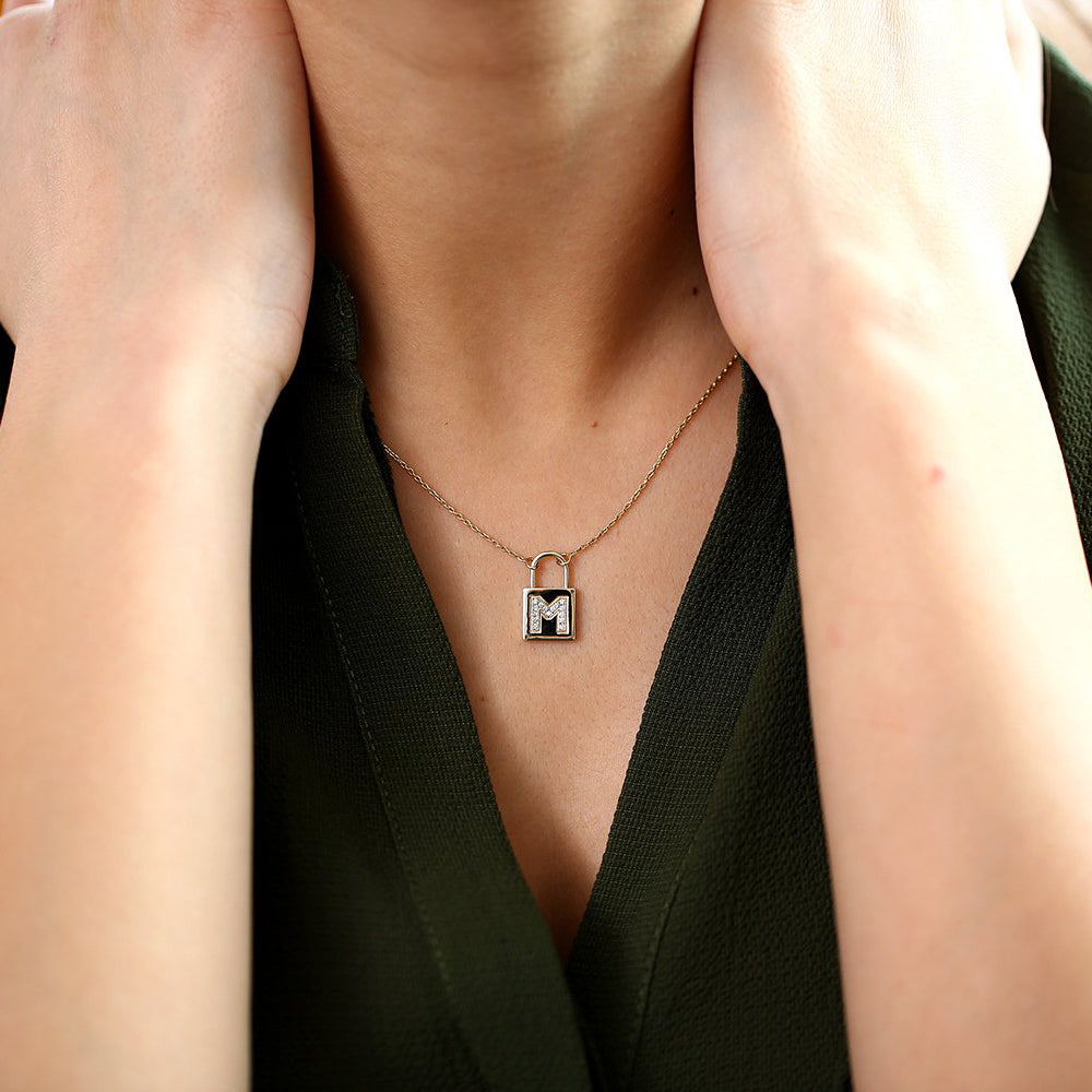 OBFJ1650 - Padlock Initial Necklace necklace in selectable metal and diamond options - Roselle Jewelry view 3