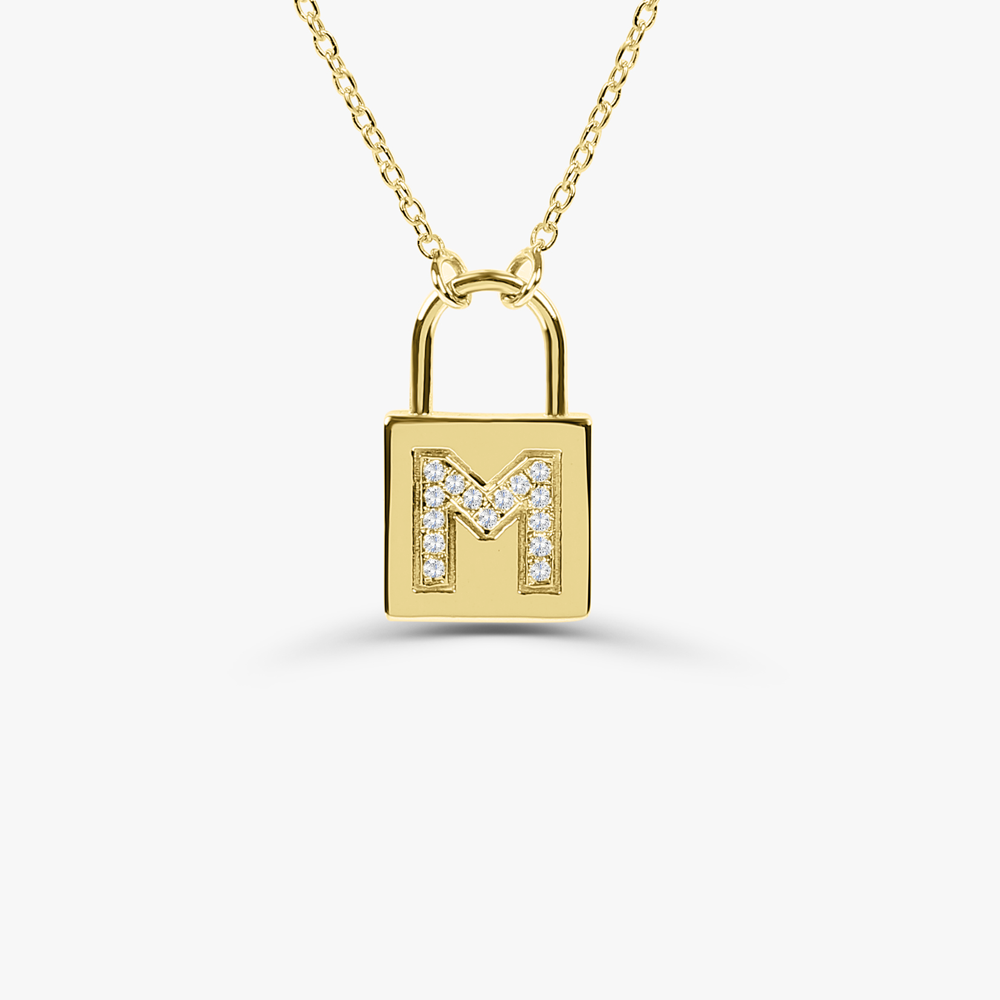 OBFJ1650 - Padlock Initial Necklace necklace in selectable metal and diamond options - Roselle Jewelry view 1