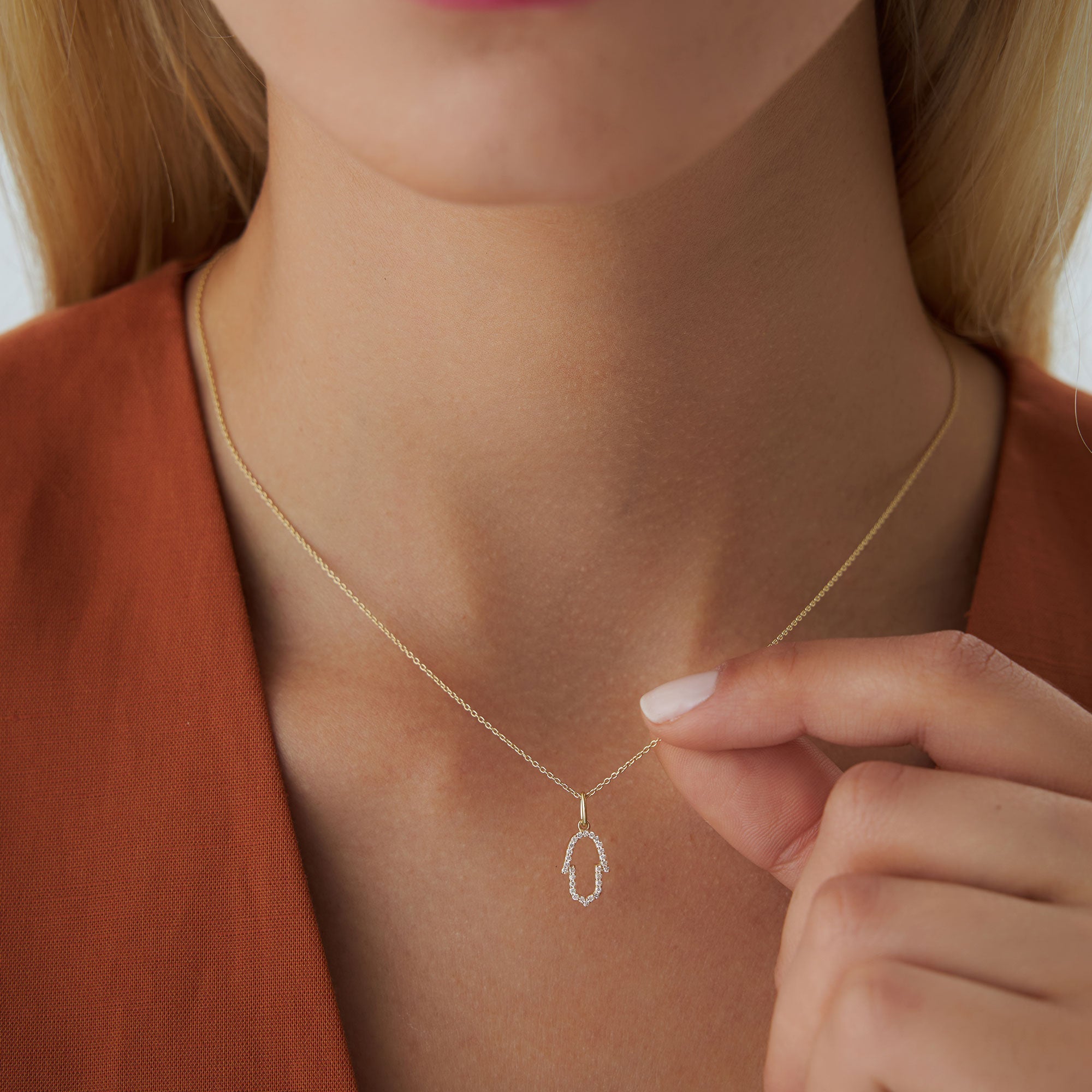 OBFJ0220 - Rose Diamond Hamsa Necklace necklace in selectable metal and diamond options - Roselle Jewelry view 2