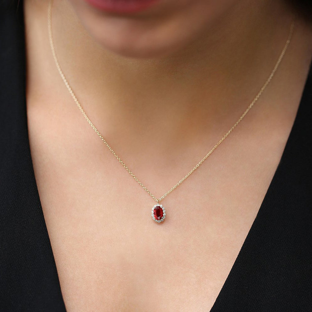 OBFJ0229 - 14K Rose Gold Oval Cut Ruby Halo Diamond Necklace 3