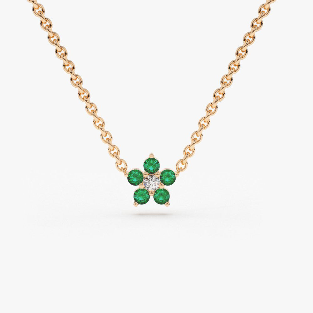 OBFJ1842 - Emerald and Diamond Flower Charm Necklace necklace in selectable metal and diamond options - Roselle Jewelry view 4