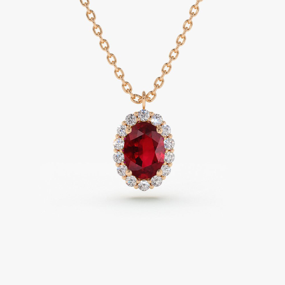 OBFJ0229 - 14K Rose Gold Oval Cut Ruby Halo Diamond Necklace 1