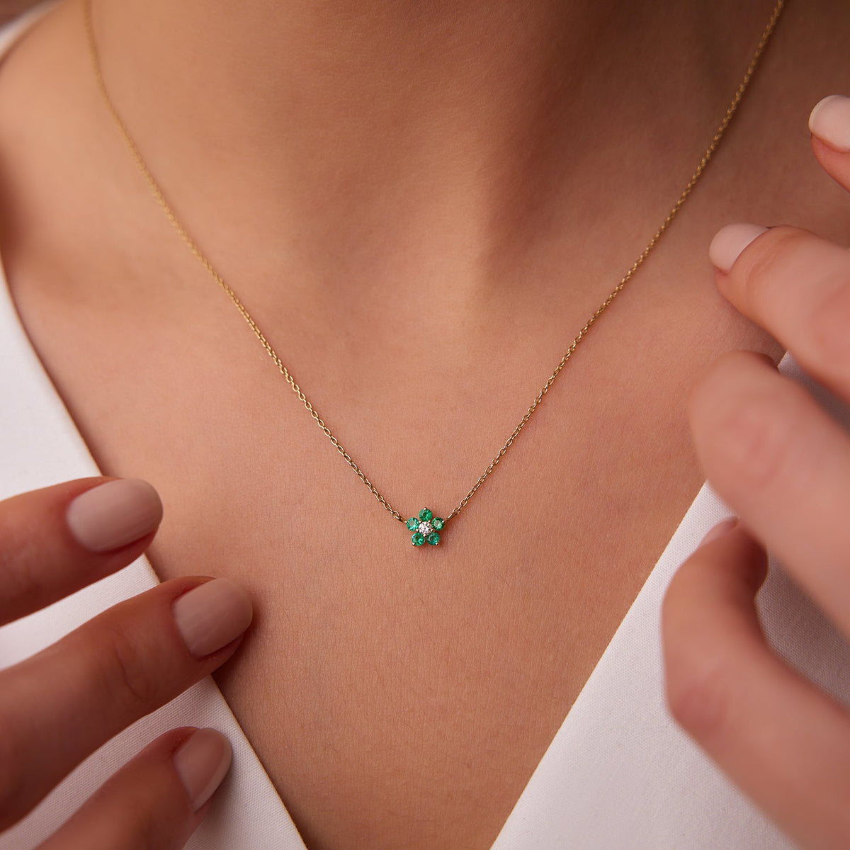OBFJ1842 - Emerald and Diamond Flower Charm Necklace necklace in selectable metal and diamond options - Roselle Jewelry view 2