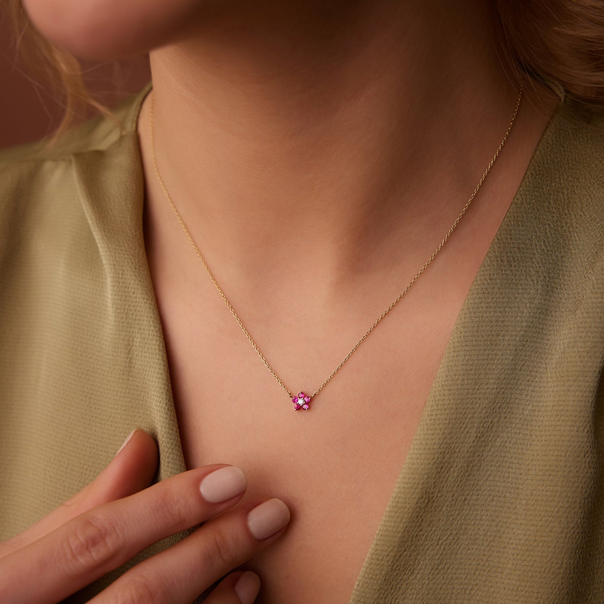 OBFJ1849 - Ruby and Diamond Flower Charm Necklace necklace in selectable metal and diamond options - Roselle Jewelry view 4