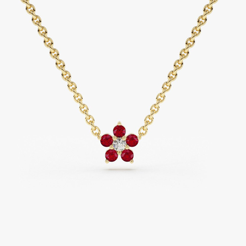 OBFJ1849 - Ruby and Diamond Flower Charm Necklace necklace in selectable metal and diamond options - Roselle Jewelry view 1