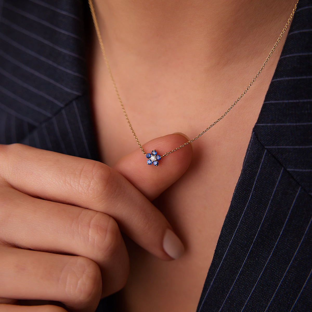 OBFJ1863 - Sapphire and Diamond Flower Charm Necklace necklace in selectable metal and diamond options - Roselle Jewelry view 2