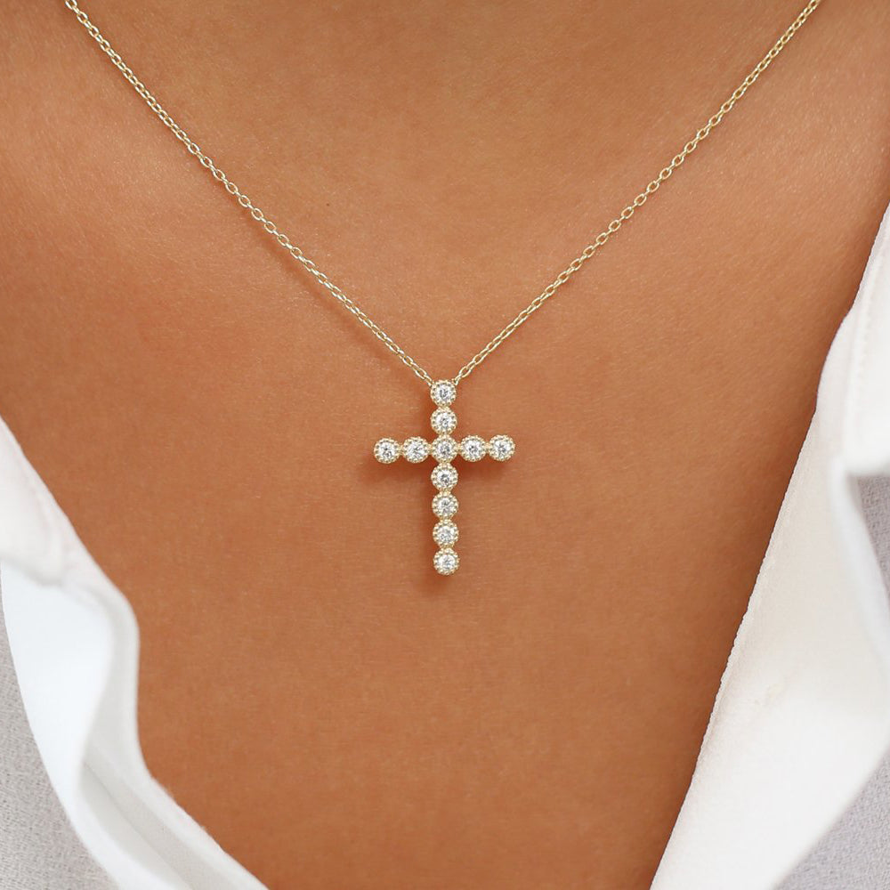 OBFJ0228 - 14K Rose Gold Bezel Setting With Milgrain Diamond Cross Necklace 2