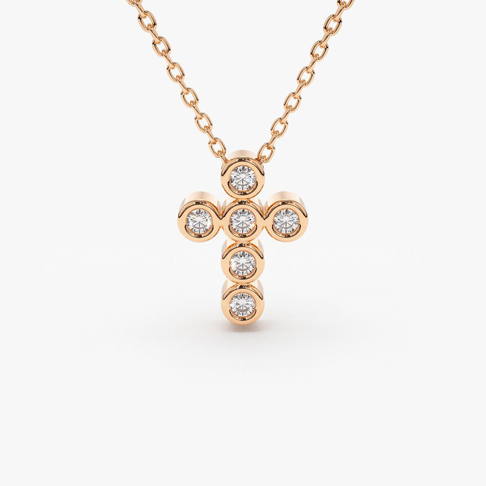 OBFJ1736 - 14K Gold 6 Stone Bezel Setting Diamond Cross Necklace 5