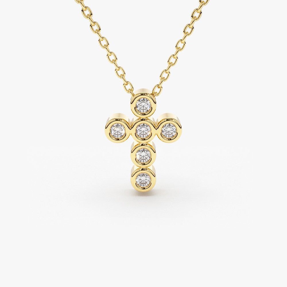 OBFJ1736 - 14K Gold 6 Stone Bezel Setting Diamond Cross Necklace 1