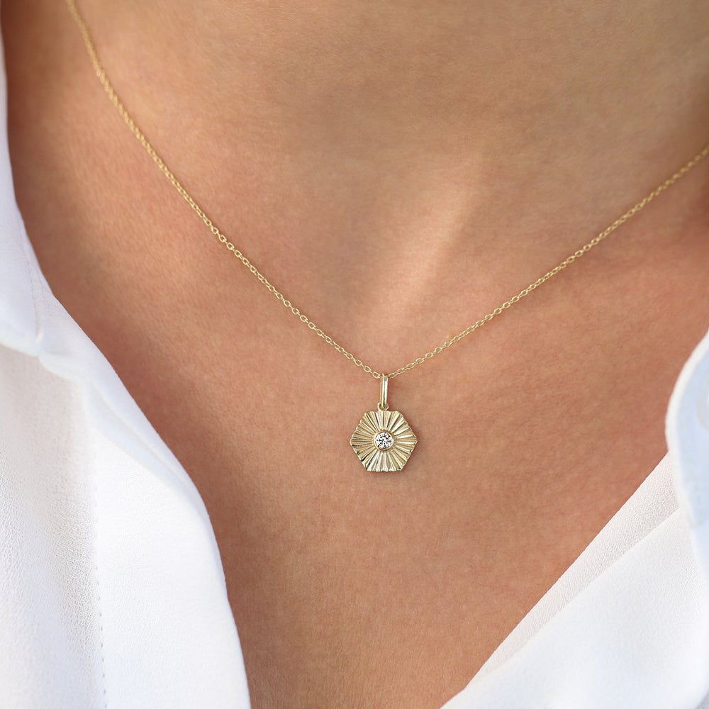 OBFJ0216 - 14K Rose Gold Hexagon Diamond Disc Ray Necklace 3