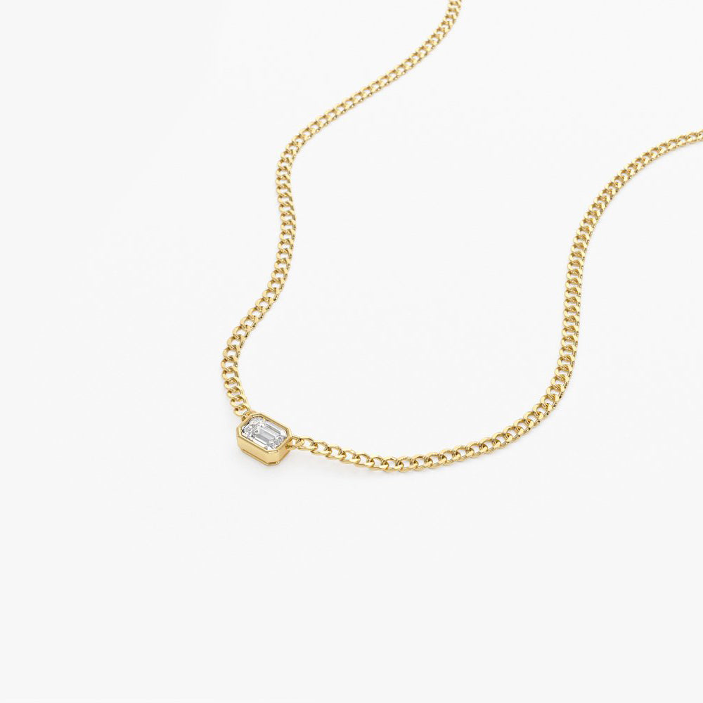 OBFJ1963 - 14k Gold Cuban Link Bezel Setting Emerald Cut Diamond Necklace 5
