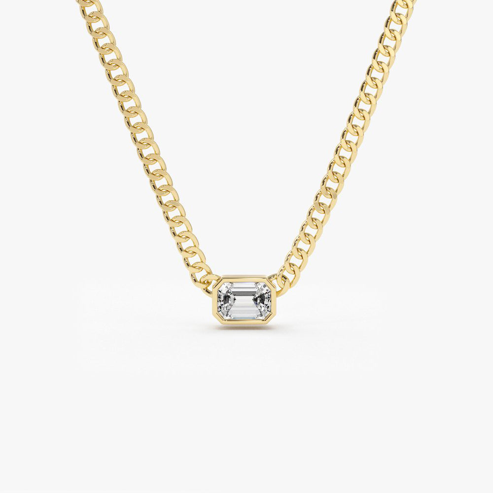 OBFJ1963 - 14k Gold Cuban Link Bezel Setting Emerald Cut Diamond Necklace 1
