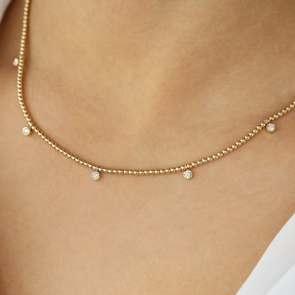 OBFJ2051 - 2MM Bead Necklace with Dangling Bezel Setting Diamonds necklace in selectable metal and diamond options - Roselle Jewelry view 2