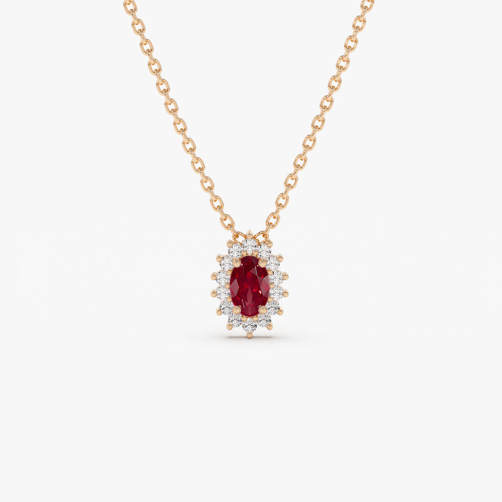 OBFJ1374 - Ruby Necklace with Halo Diamonds necklace in selectable metal and diamond options - Roselle Jewelry view 7