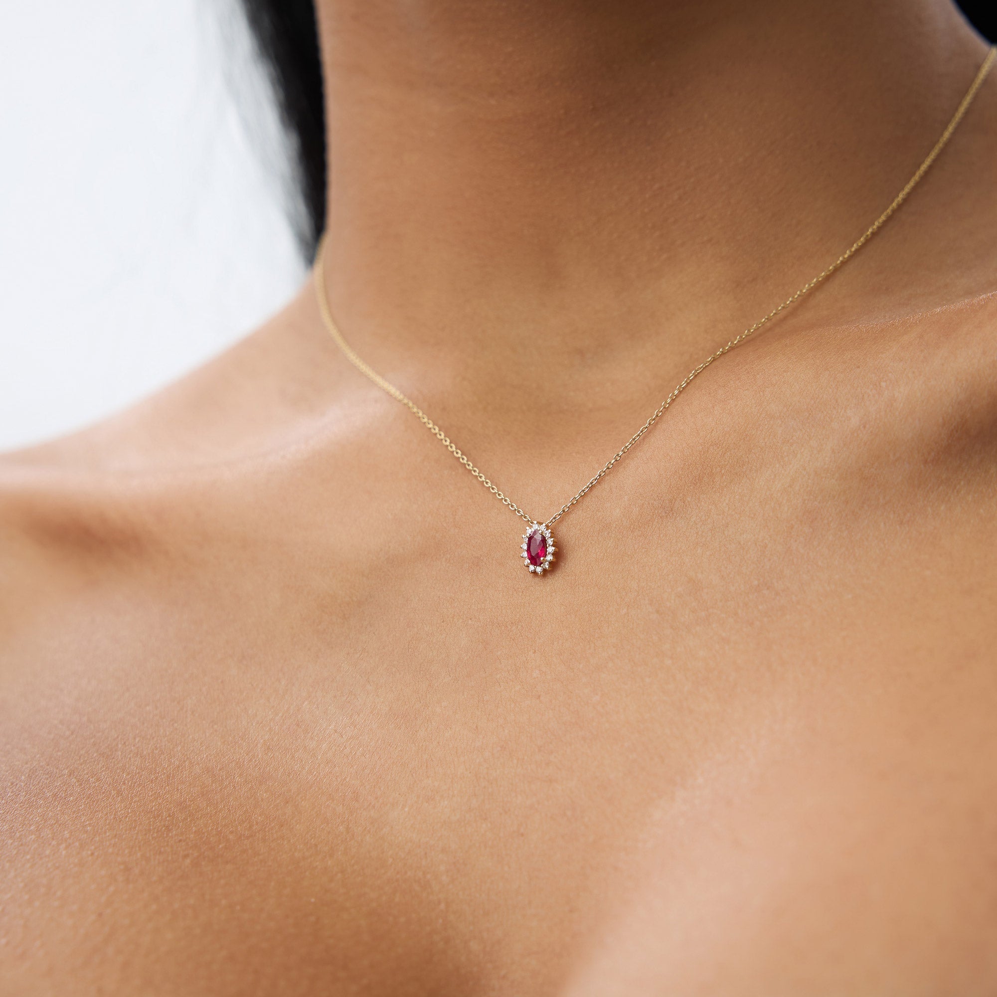 OBFJ1374 - Ruby Necklace with Halo Diamonds necklace in selectable metal and diamond options - Roselle Jewelry view 4