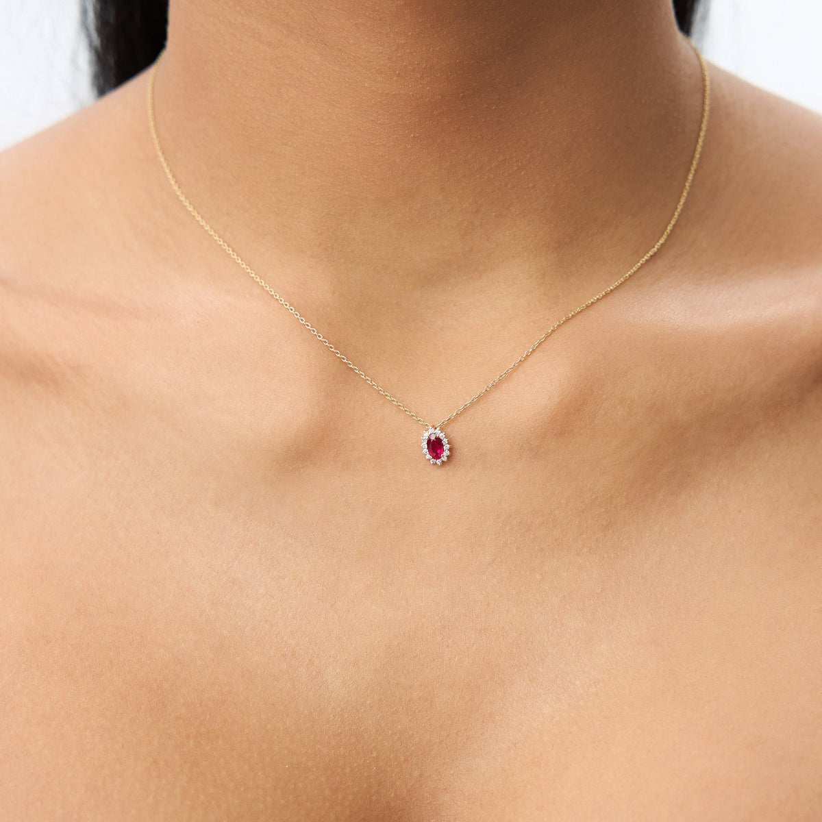 OBFJ1374 - Ruby Necklace with Halo Diamonds necklace in selectable metal and diamond options - Roselle Jewelry view 5