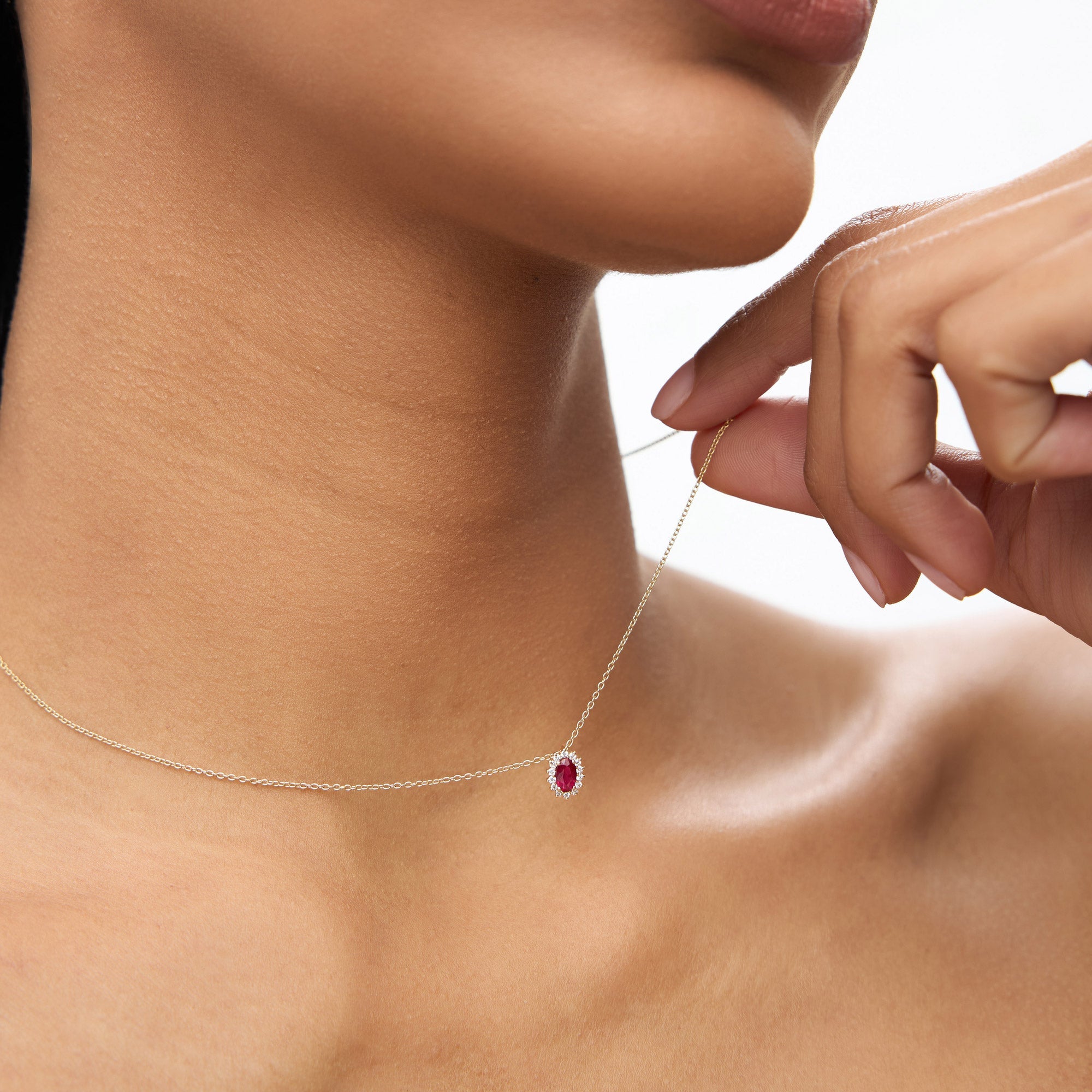 OBFJ1374 - Ruby Necklace with Halo Diamonds necklace in selectable metal and diamond options - Roselle Jewelry view 3