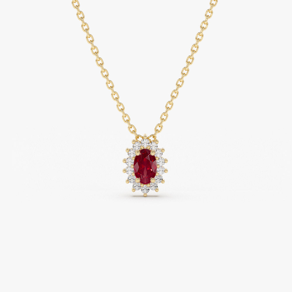 OBFJ1374 - Ruby Necklace with Halo Diamonds necklace in selectable metal and diamond options - Roselle Jewelry view 1