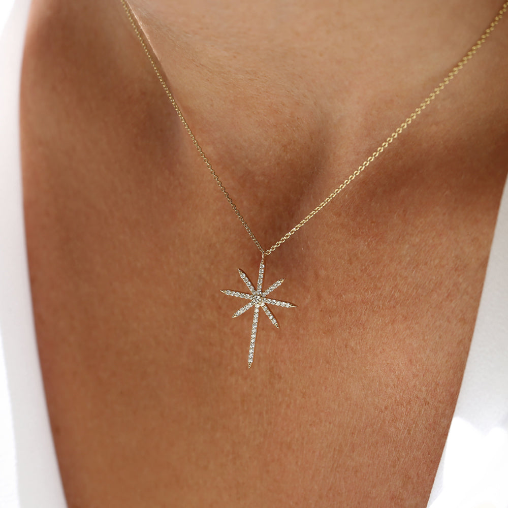 OBFJ0232 - 14k Rose Solid Gold Celestial North Star Diamond Necklace 2