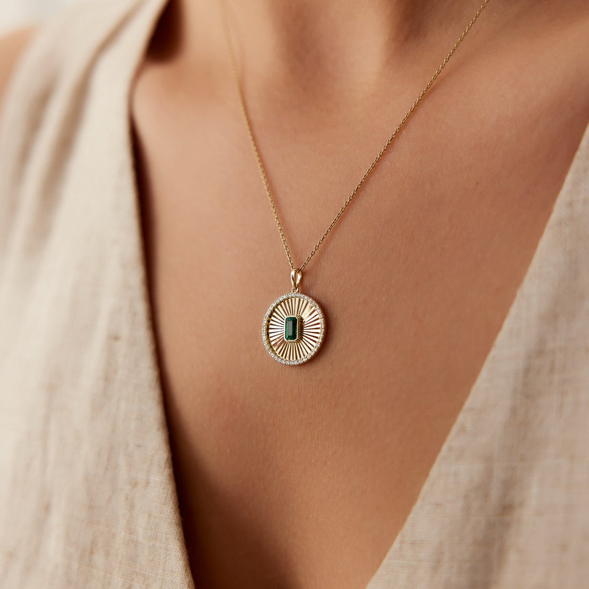 OBFJ2187 - Emerald and Diamond Medallion Necklace necklace in selectable metal and diamond options - Roselle Jewelry view 2