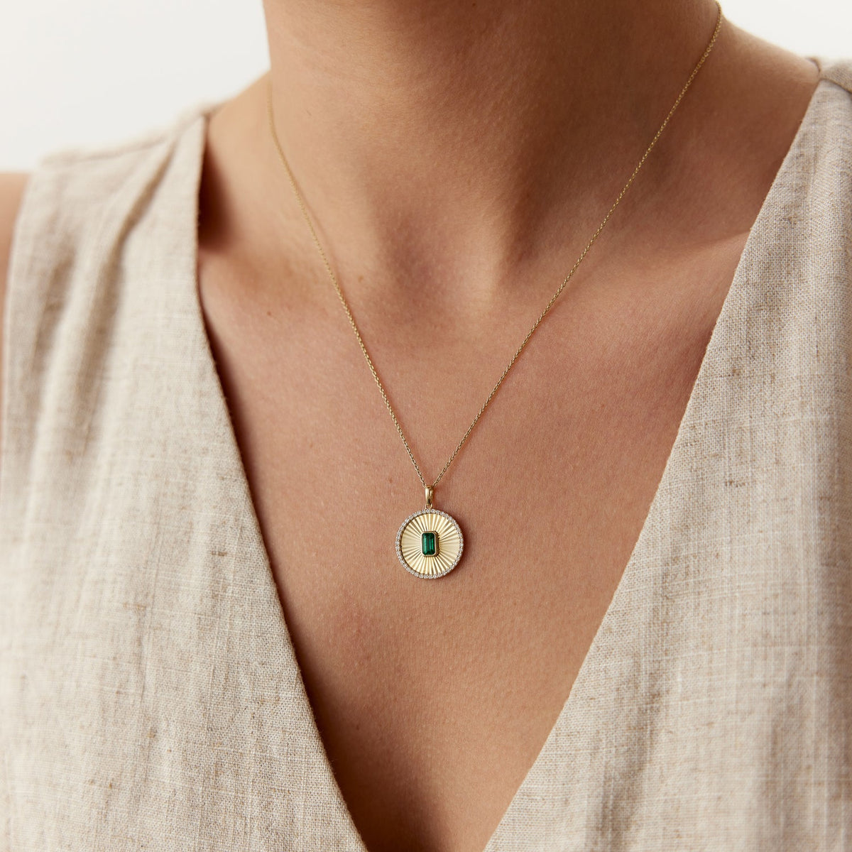 OBFJ2187 - Emerald and Diamond Medallion Necklace necklace in selectable metal and diamond options - Roselle Jewelry view 5